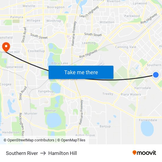 Southern River to Hamilton Hill map