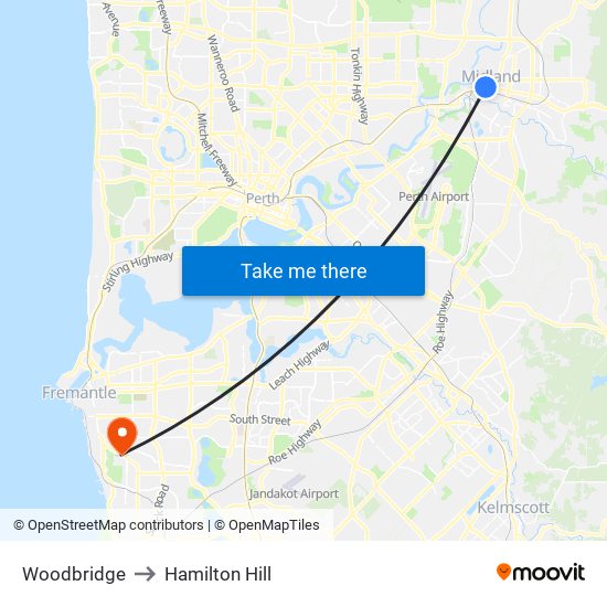 Woodbridge to Hamilton Hill map