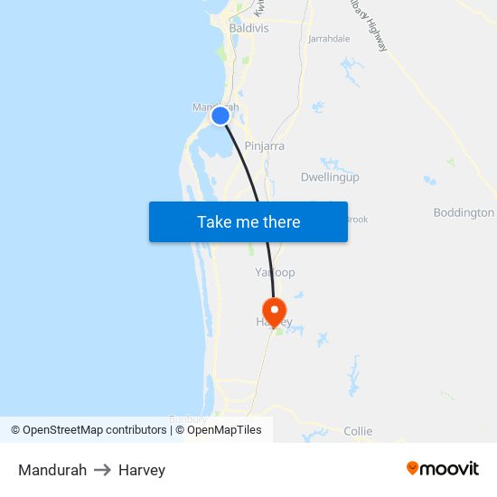 Mandurah to Harvey map