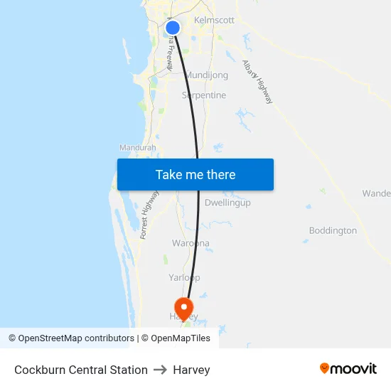 Cockburn Central Station to Harvey map