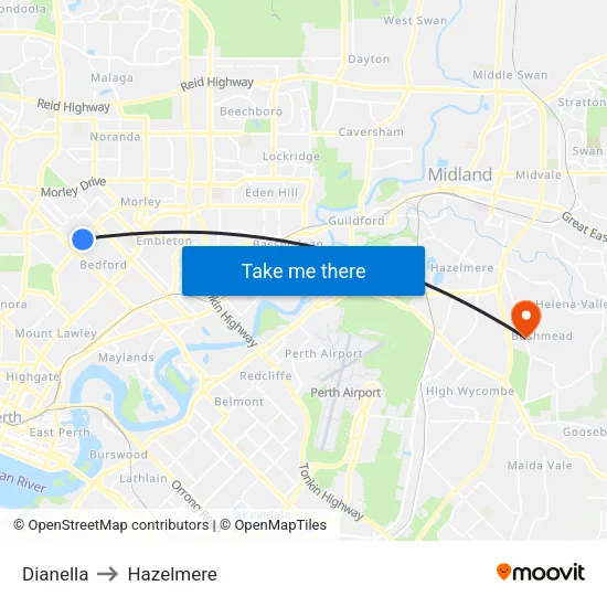 Dianella to Hazelmere map