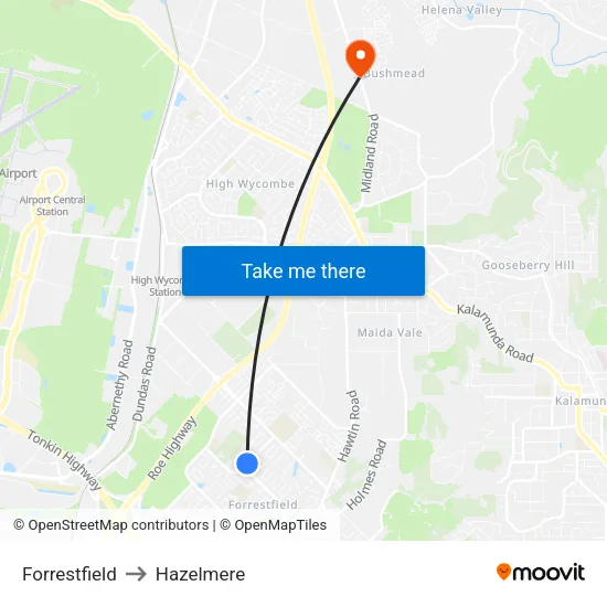 Forrestfield to Hazelmere map