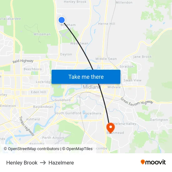 Henley Brook to Hazelmere map