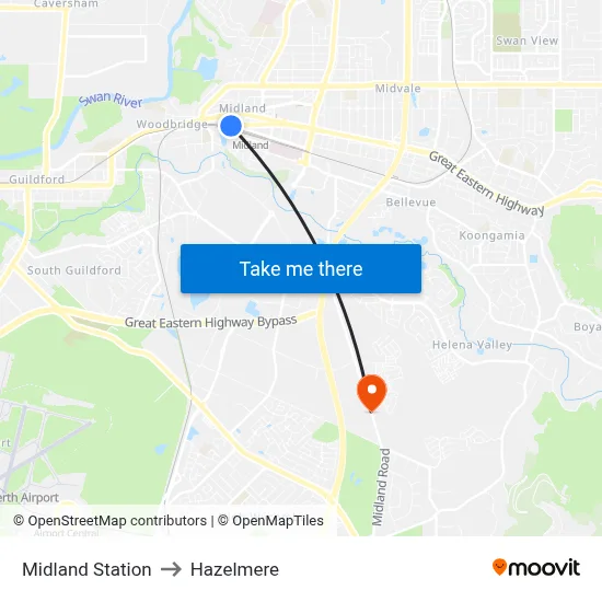 Midland Station to Hazelmere map