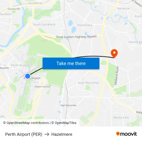 Perth Airport (PER) to Hazelmere map