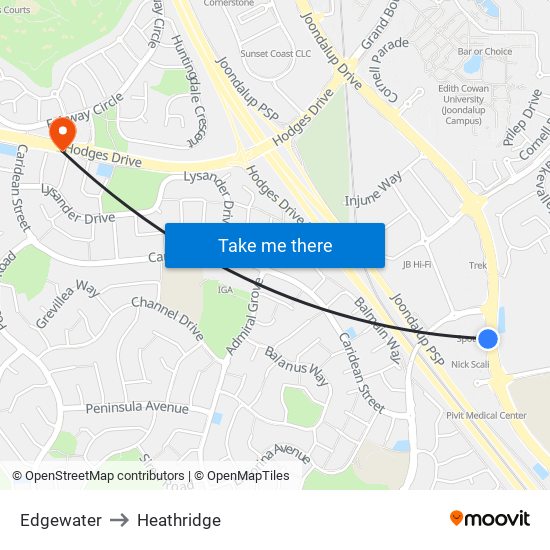 Edgewater to Heathridge map