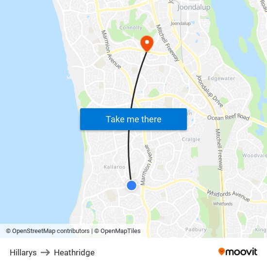 Hillarys to Heathridge map