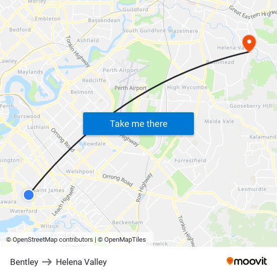 Bentley to Helena Valley map