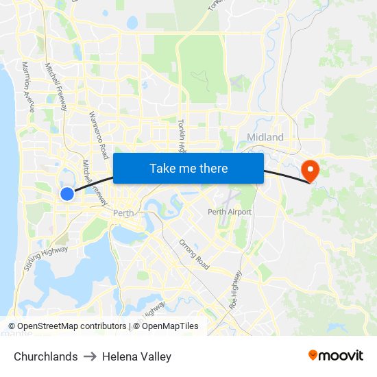 Churchlands to Helena Valley map