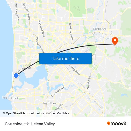 Cottesloe to Helena Valley map