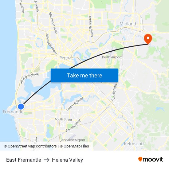 East Fremantle to Helena Valley map