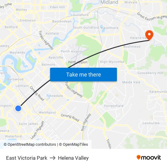 East Victoria Park to Helena Valley map