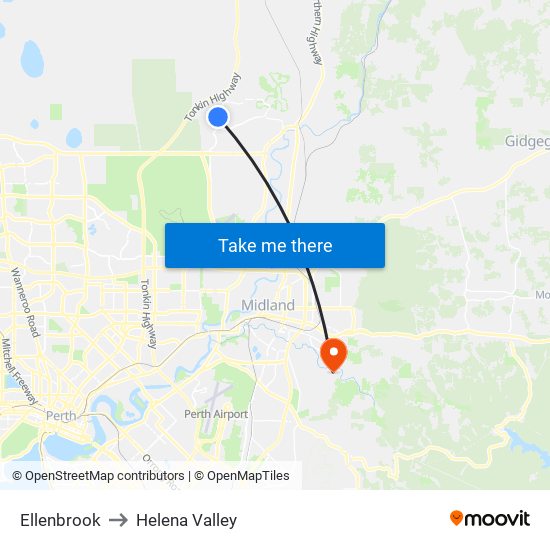 Ellenbrook to Helena Valley map