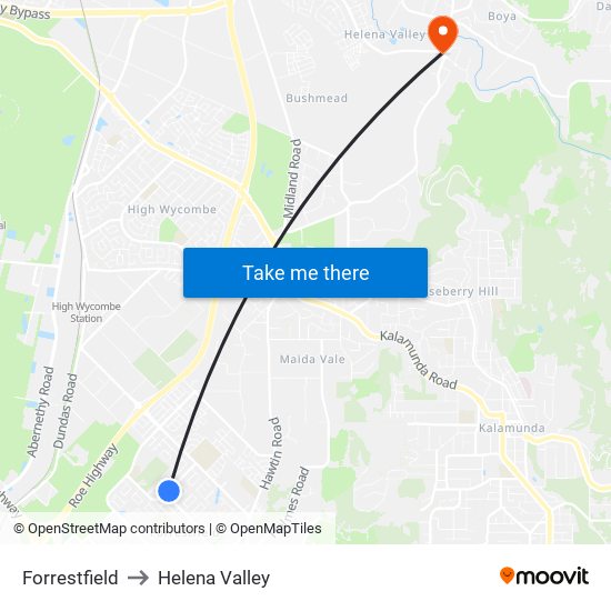 Forrestfield to Helena Valley map