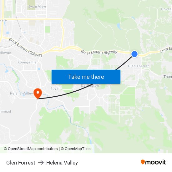 Glen Forrest to Helena Valley map