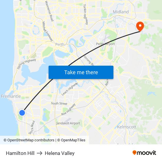Hamilton Hill to Helena Valley map