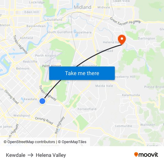 Kewdale to Helena Valley map