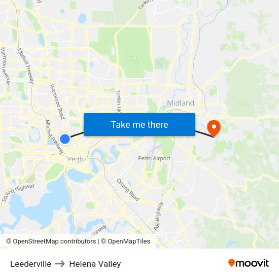 Leederville to Helena Valley map