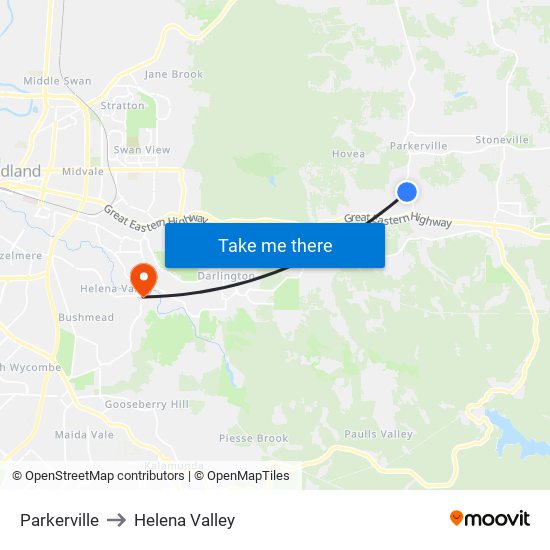 Parkerville to Helena Valley map