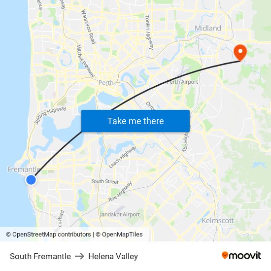 South Fremantle to Helena Valley map