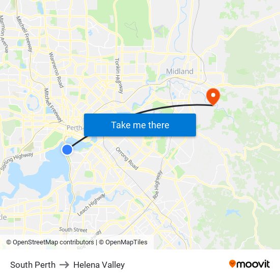 South Perth to Helena Valley map