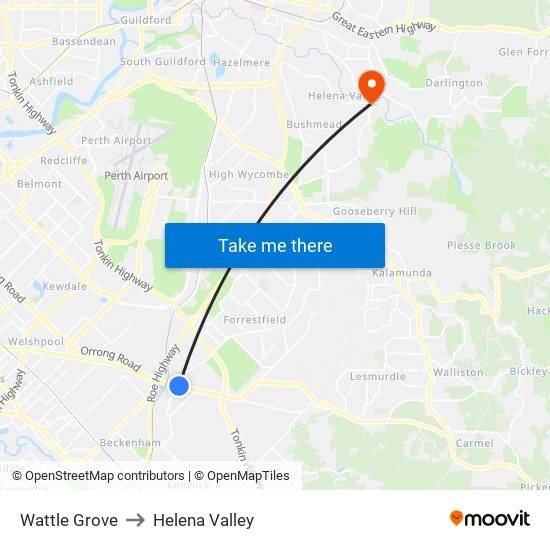 Wattle Grove to Helena Valley map