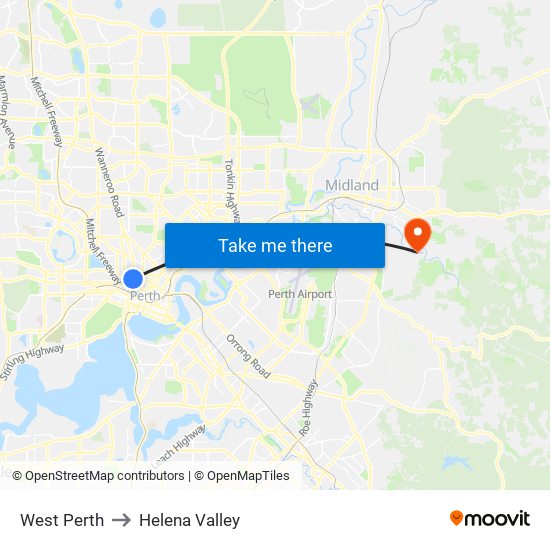 West Perth to Helena Valley map