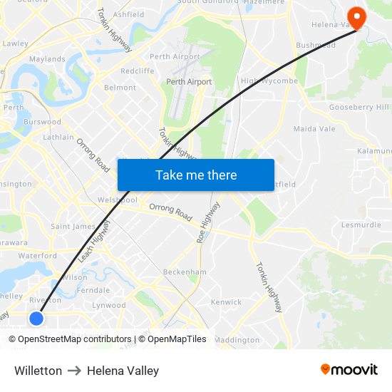 Willetton to Helena Valley map