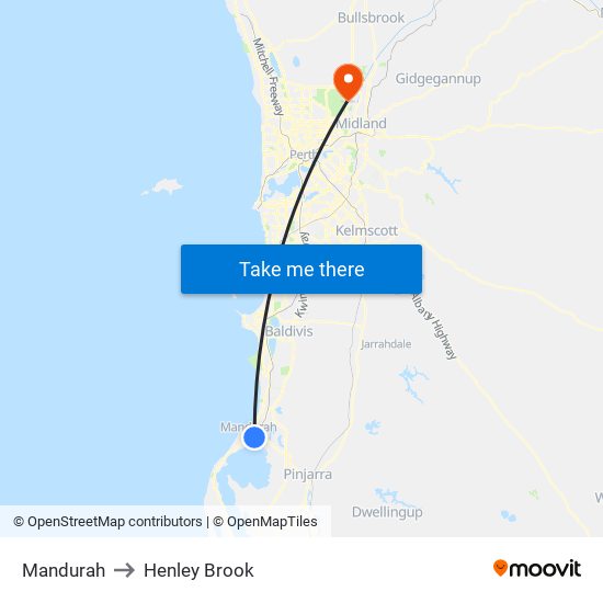 Mandurah to Henley Brook map