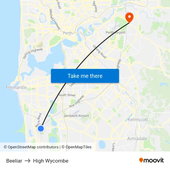 Beeliar to High Wycombe map