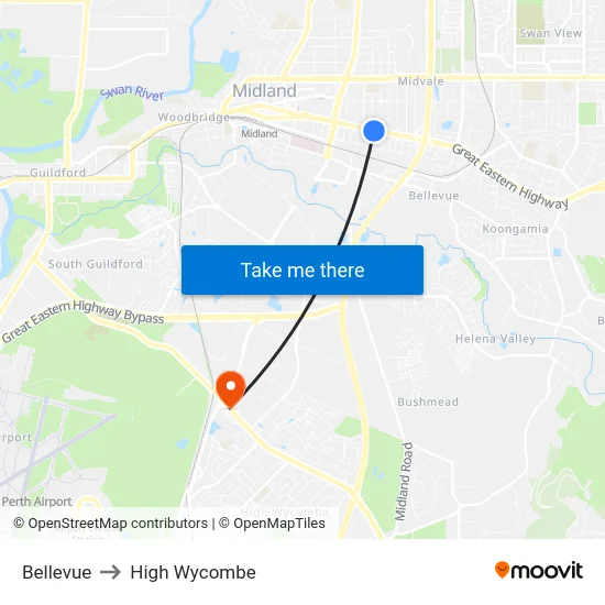Bellevue to High Wycombe map