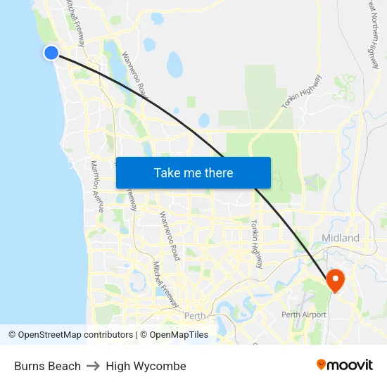 Burns Beach to High Wycombe map