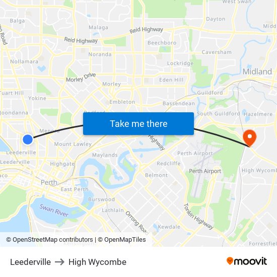 Leederville to High Wycombe map