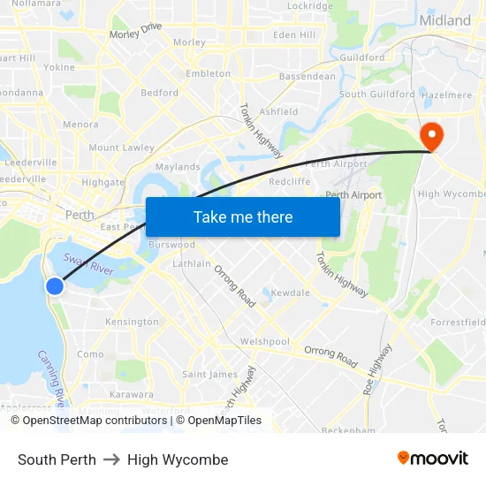South Perth to High Wycombe map