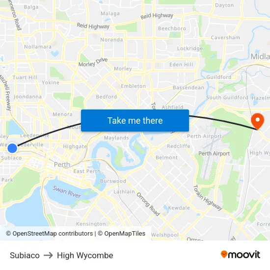 Subiaco to High Wycombe map