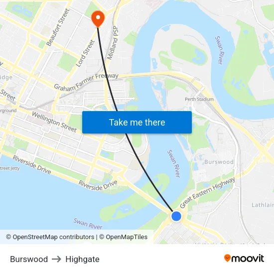 Burswood to Highgate map