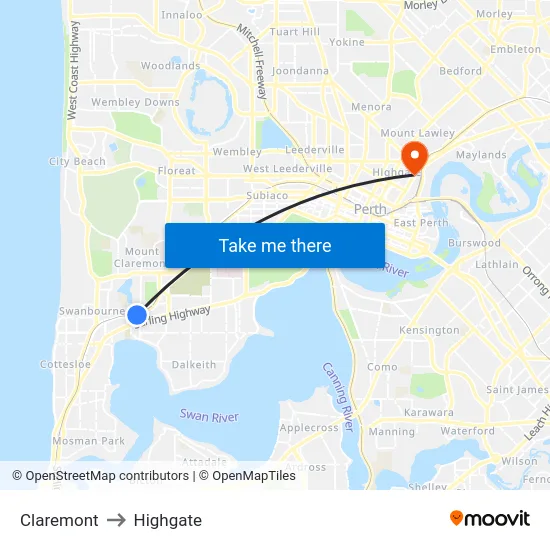 Claremont to Highgate map