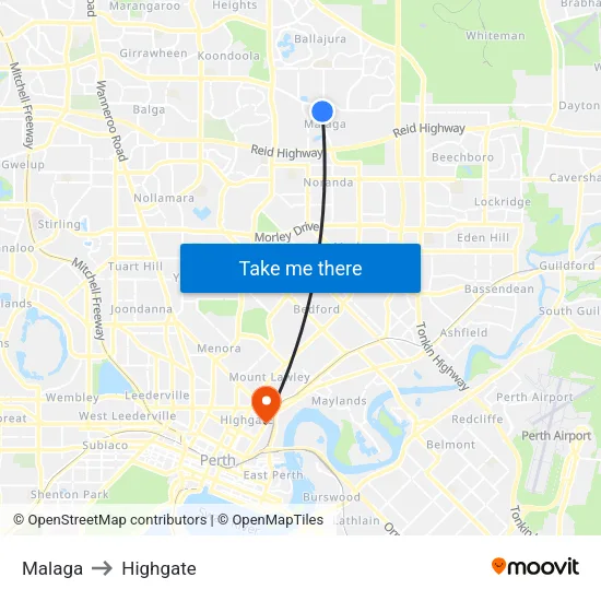 Malaga to Highgate map