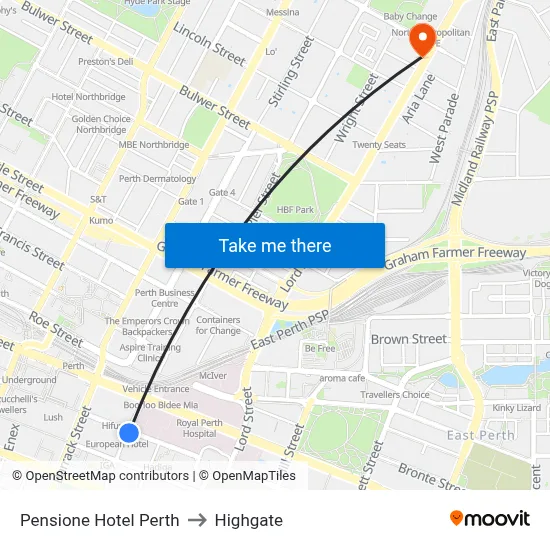 Pensione Hotel Perth to Highgate map