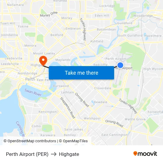 Perth Airport (PER) to Highgate map