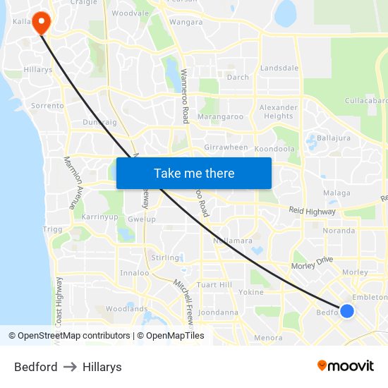 Bedford to Hillarys map