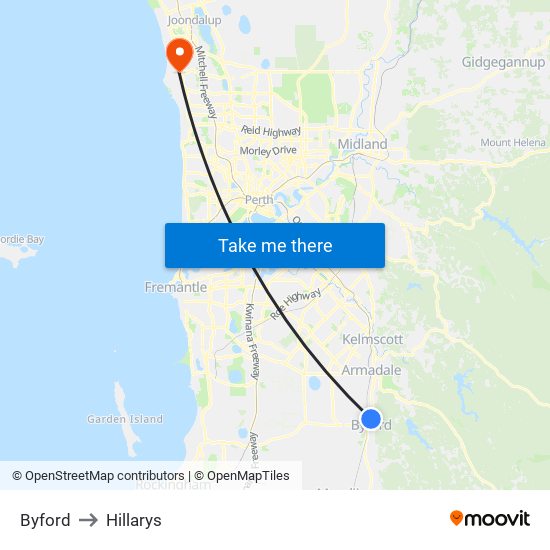 Byford to Hillarys map