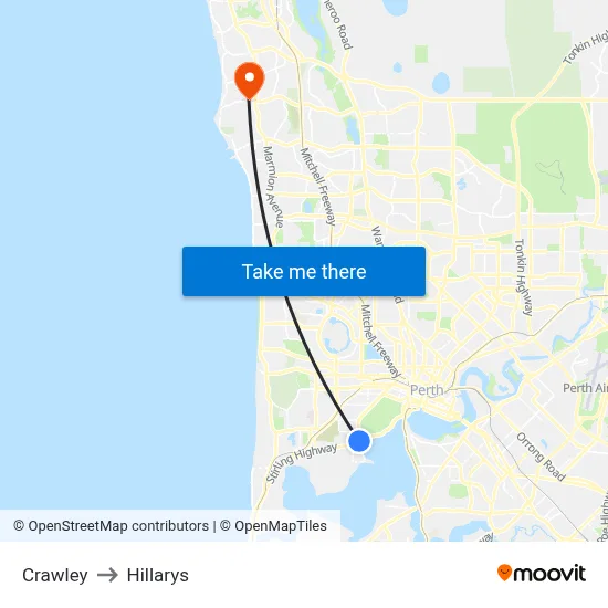 Crawley to Hillarys map