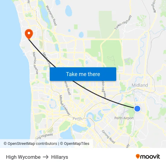 High Wycombe to Hillarys map