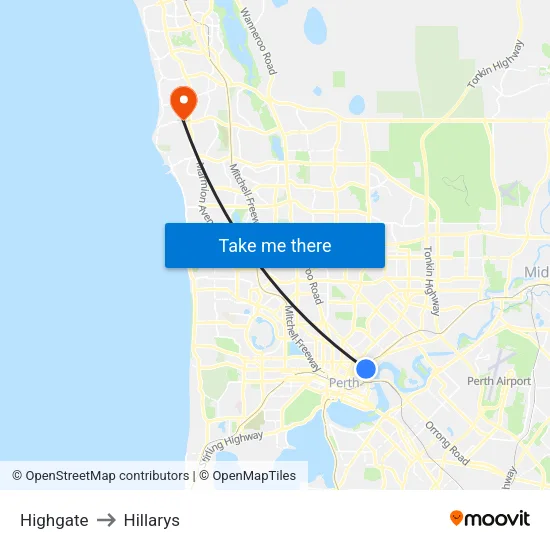 Highgate to Hillarys map