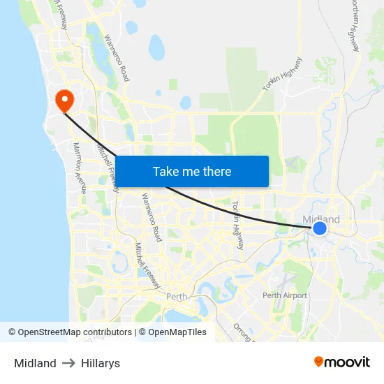 Midland to Hillarys map