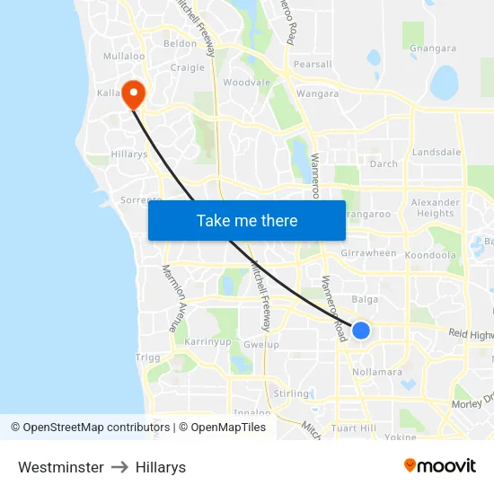 Westminster to Hillarys map