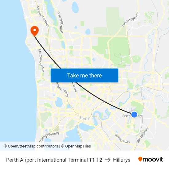 Perth Airport International Terminal T1 T2 to Hillarys map