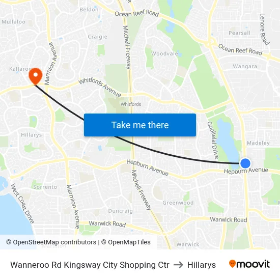 Wanneroo Rd Kingsway City Shopping Ctr to Hillarys map