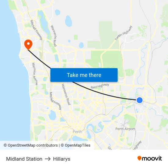 Midland Station to Hillarys map